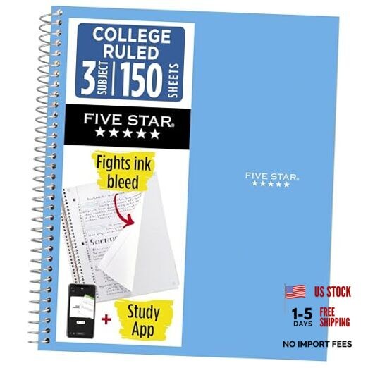 Spiral Notebook + Study App, 3 Subject, College Ruled 1 Count (Pack of 1) Blue