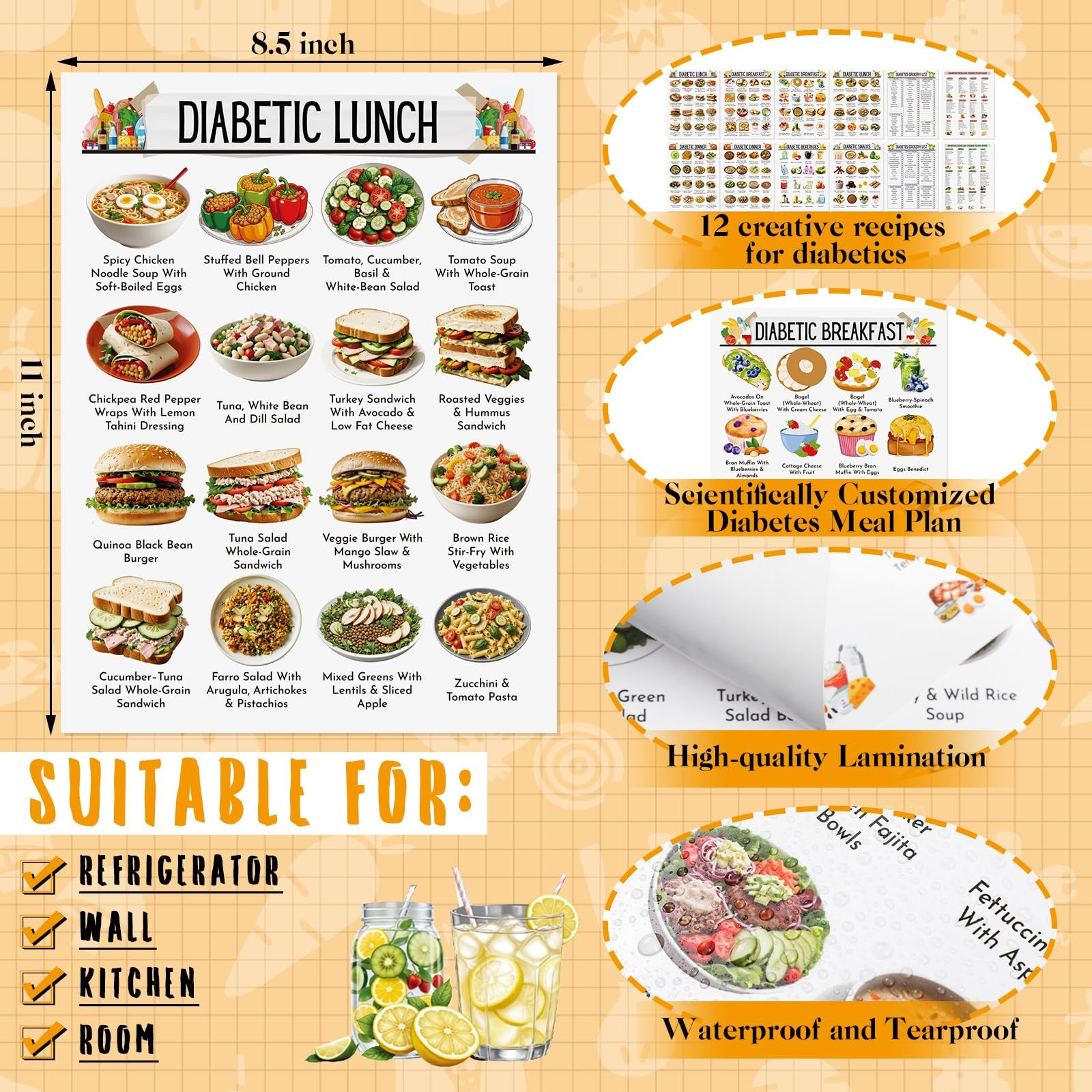 Sinload 12 Pcs Diabetes Food List Diabetes Meal Chart Information Diet Plan, …