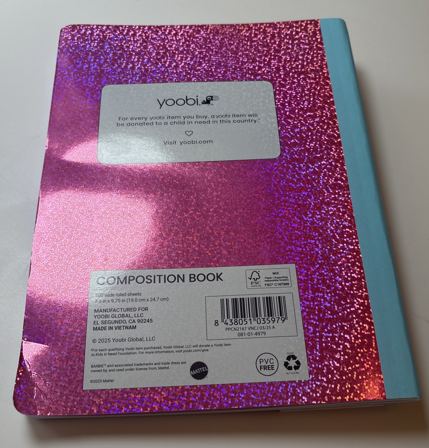 Barbie Pink Composition Notebook College Ruled W/ Pen Yoobi 2024 New