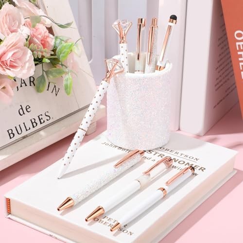 8 Pcs Pens with Pen Holder for Desk Glitter Crystal Diamond Cute White