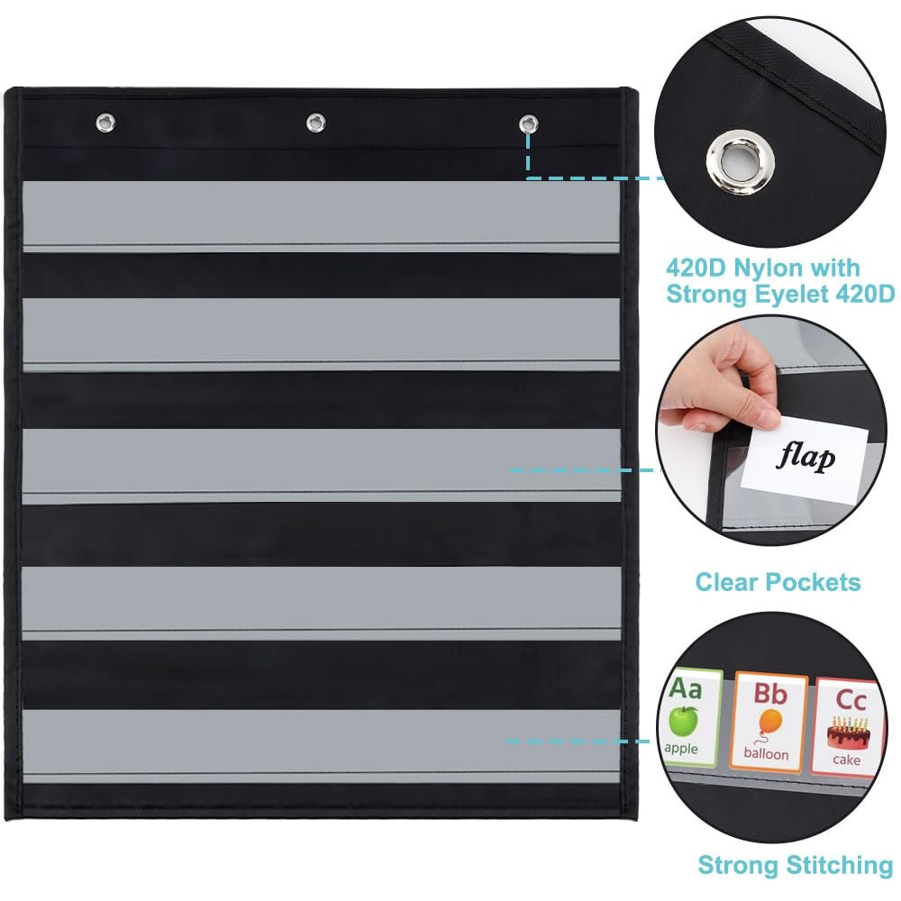 Standard Pocket Chart 5 Clear Pockets Black Storage Wall Organizer 22×17 Inch