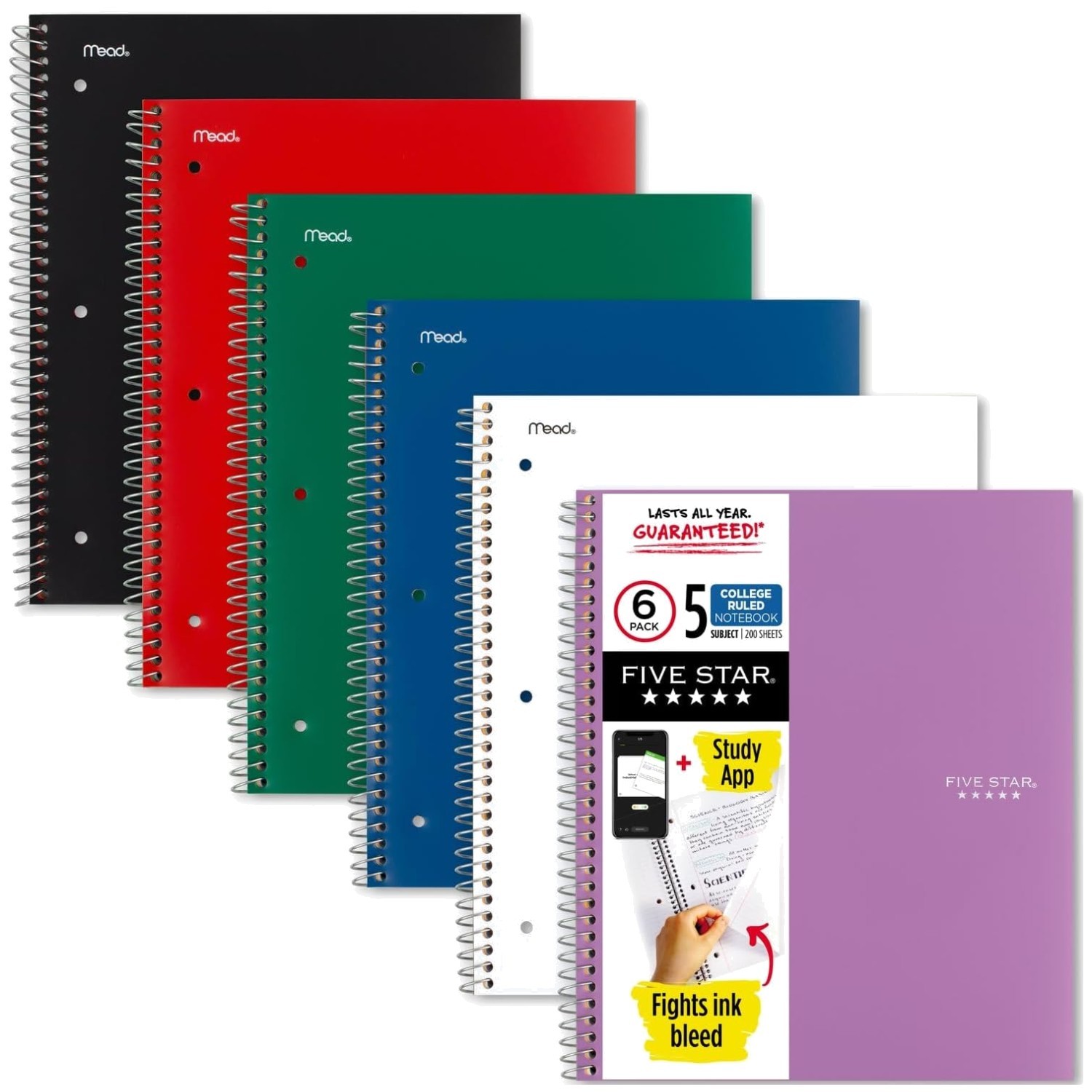 6-Pack Spiral Notebook + Study App, 5 Subject, College Ruled