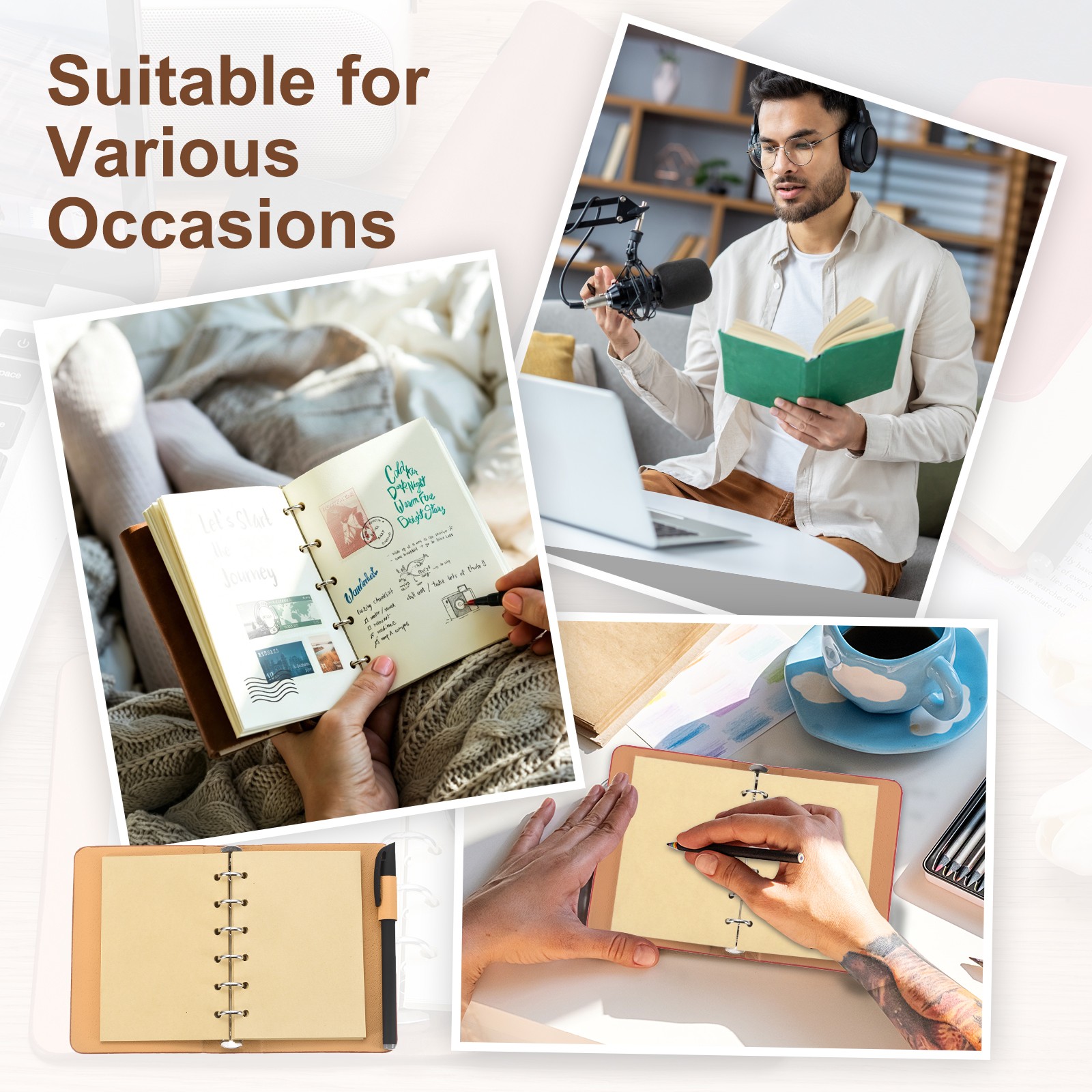 6 Ring Binder Cover A7 Leather Notebook with Kraft Paper and Pen, Coffee