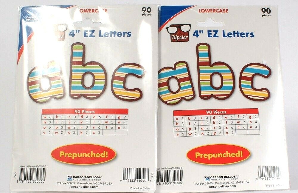2 Packs Carson Dellosa Hipster Lowercase 4″ ABC EZ Letters Prepunched 90 Pieces