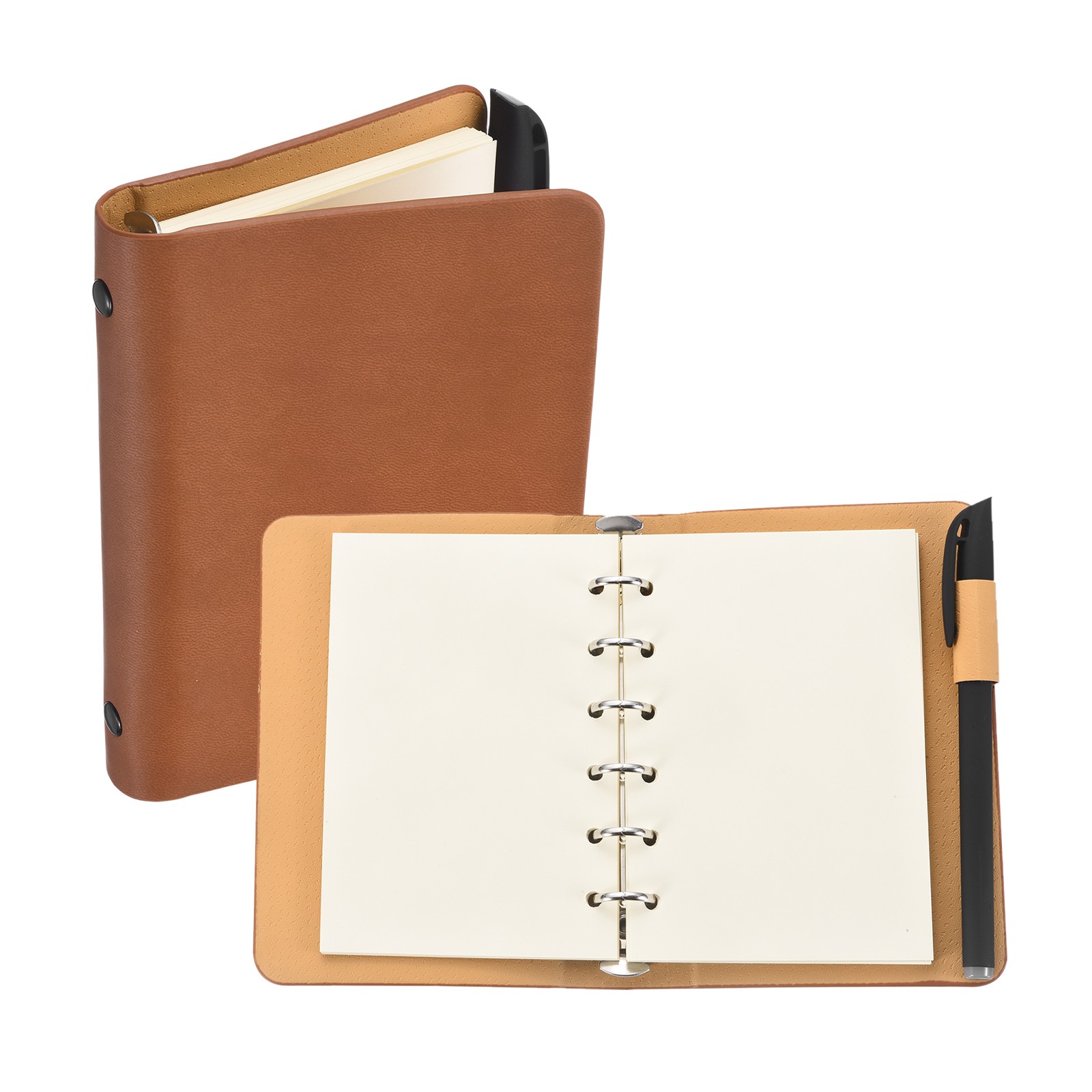 6 Ring Binder Cover A7 Leather Notebook with Blank Paper and Pen, Coffee