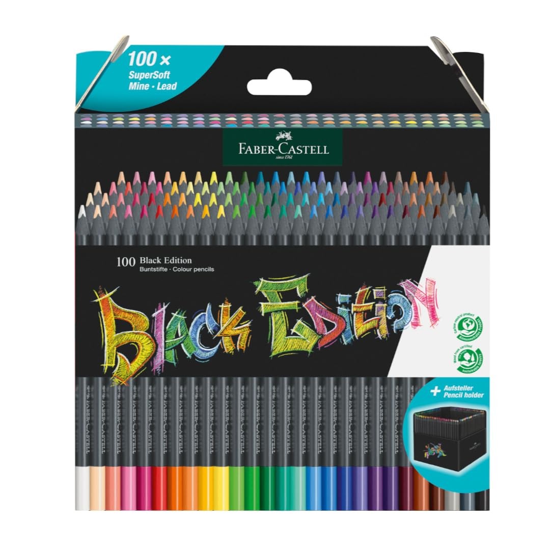 Faber-Castell Black Edition Colour Pencils, Cardboard Wallet of 100 Wood