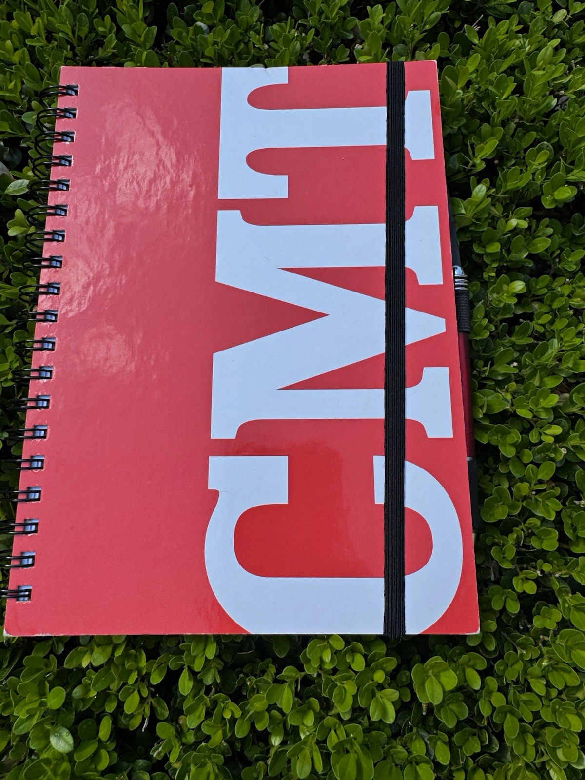 CMY A5 Spiral Notebook w/ Elastic Band, Graphic Print, Letters, Red/White/Black