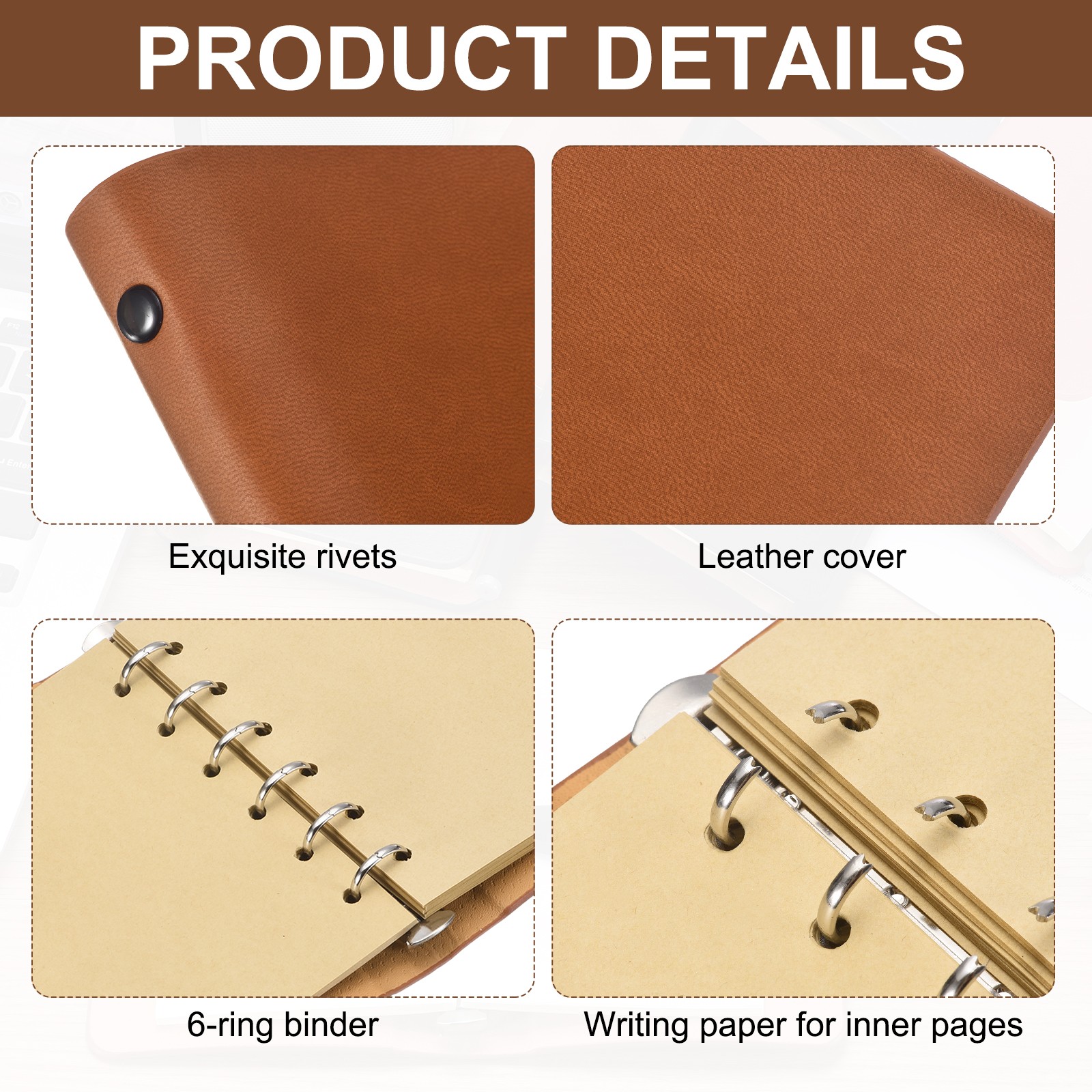 6 Ring Binder Cover A7 Leather Notebook with Kraft Paper and Pen, Coffee