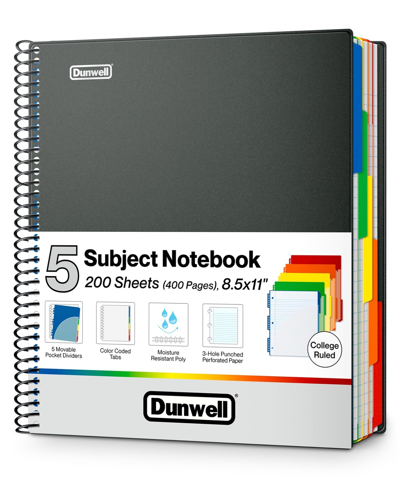 Dunwell 5-Subject Notebook, College Ruled, Colorful Movable 8.5×11″, Black