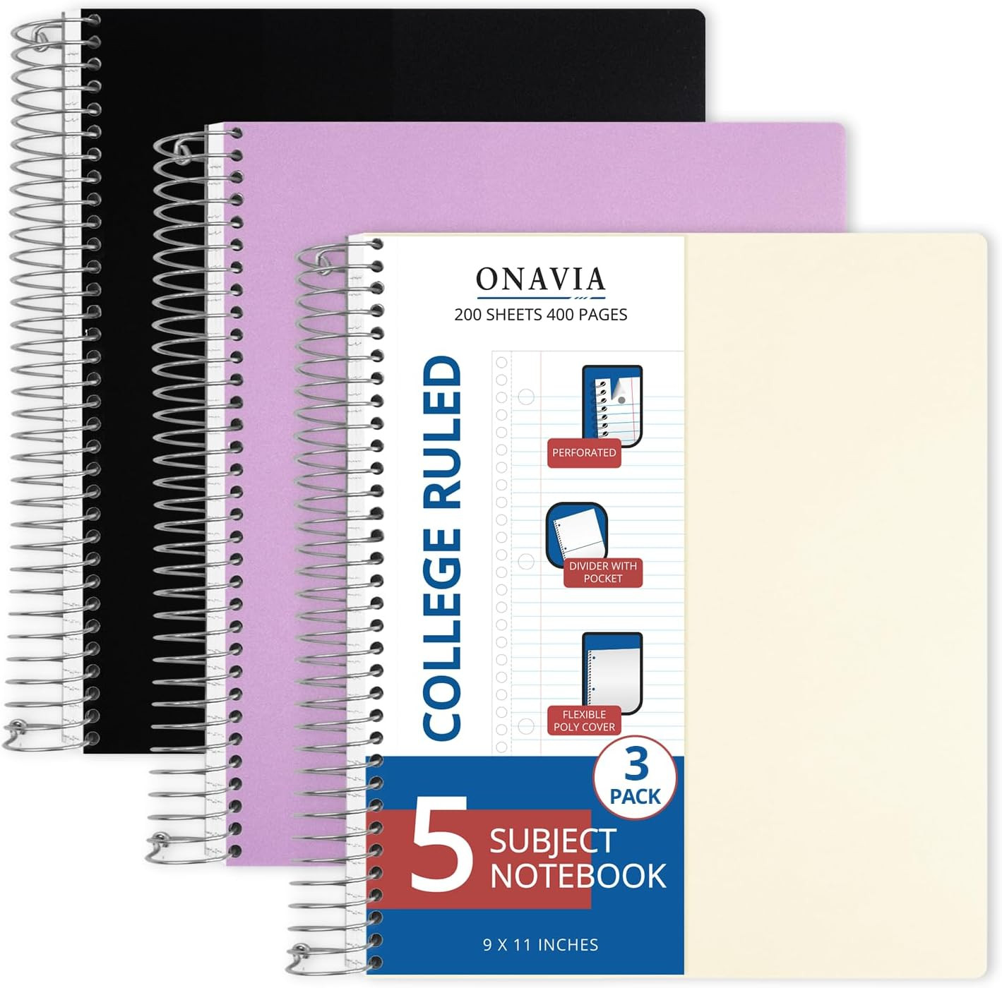 5 Subject Spiral Notebook College Ruled 3 Pack, 400 Pages | 200 Sheets, 9 X 11 I