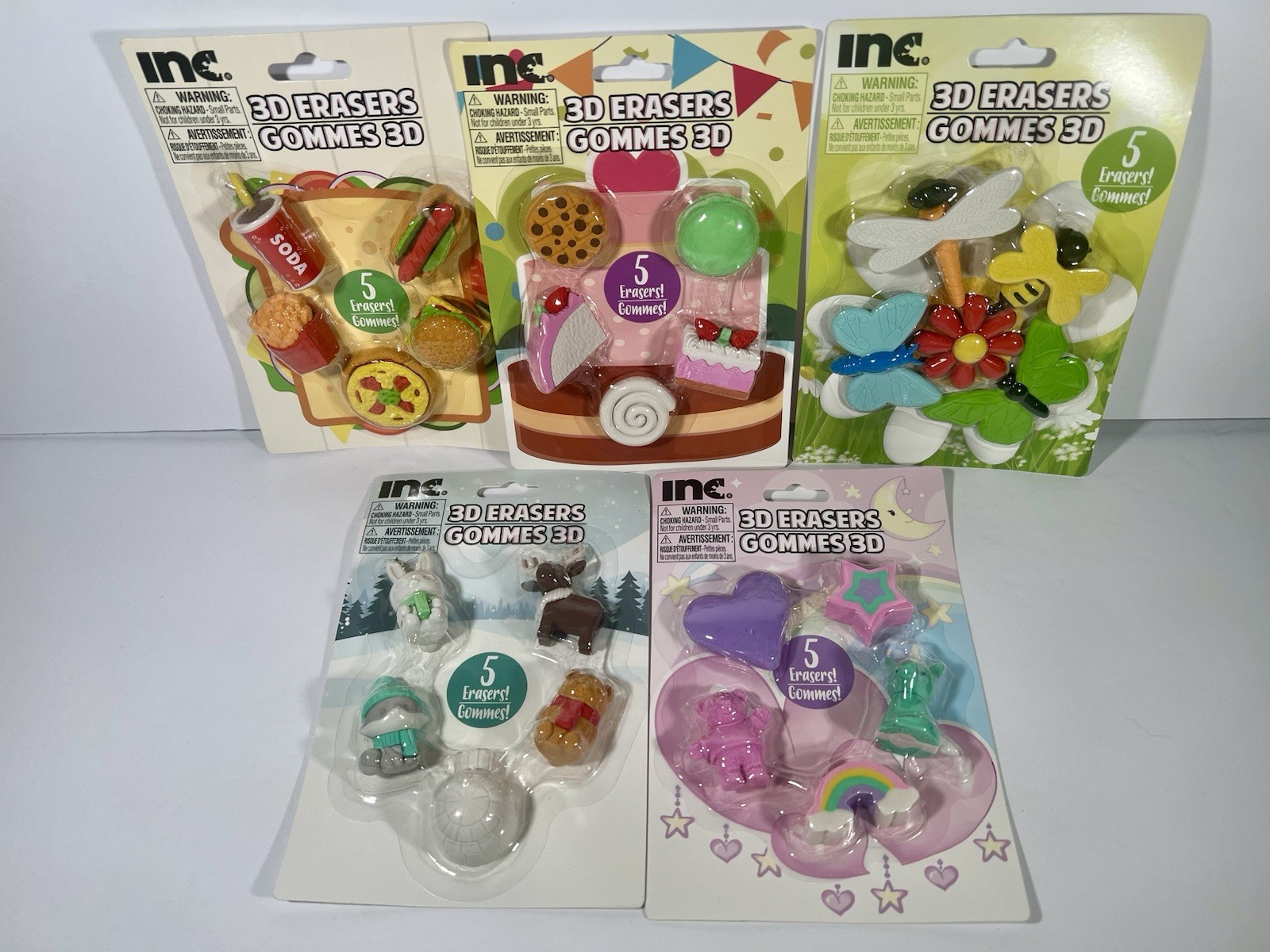 Inc 3D Erasers Collectible Packs Lot of 5 Animals Food Desserts Star Rainbow