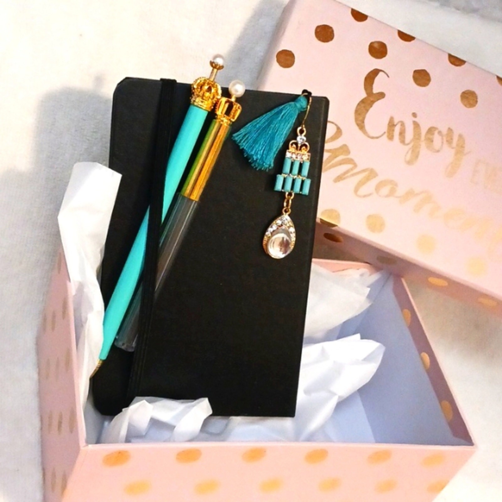 Journal Set Black Hardcover Notebook Jeweled Bookmark Pencil Duo w GIFT BOX New