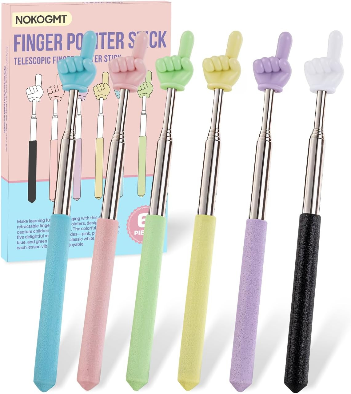 6PCS Finger Pointer Stick for Classroom – Extendable Teacher Pointer Stick and P