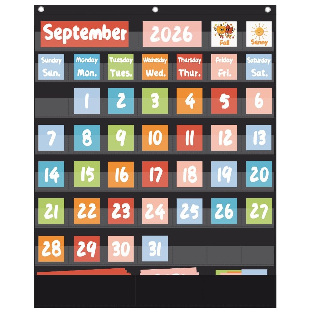 OFFSLIN Classroom Calendar Pocket Chart with 70pcs Cards, 28“x24“, Black A