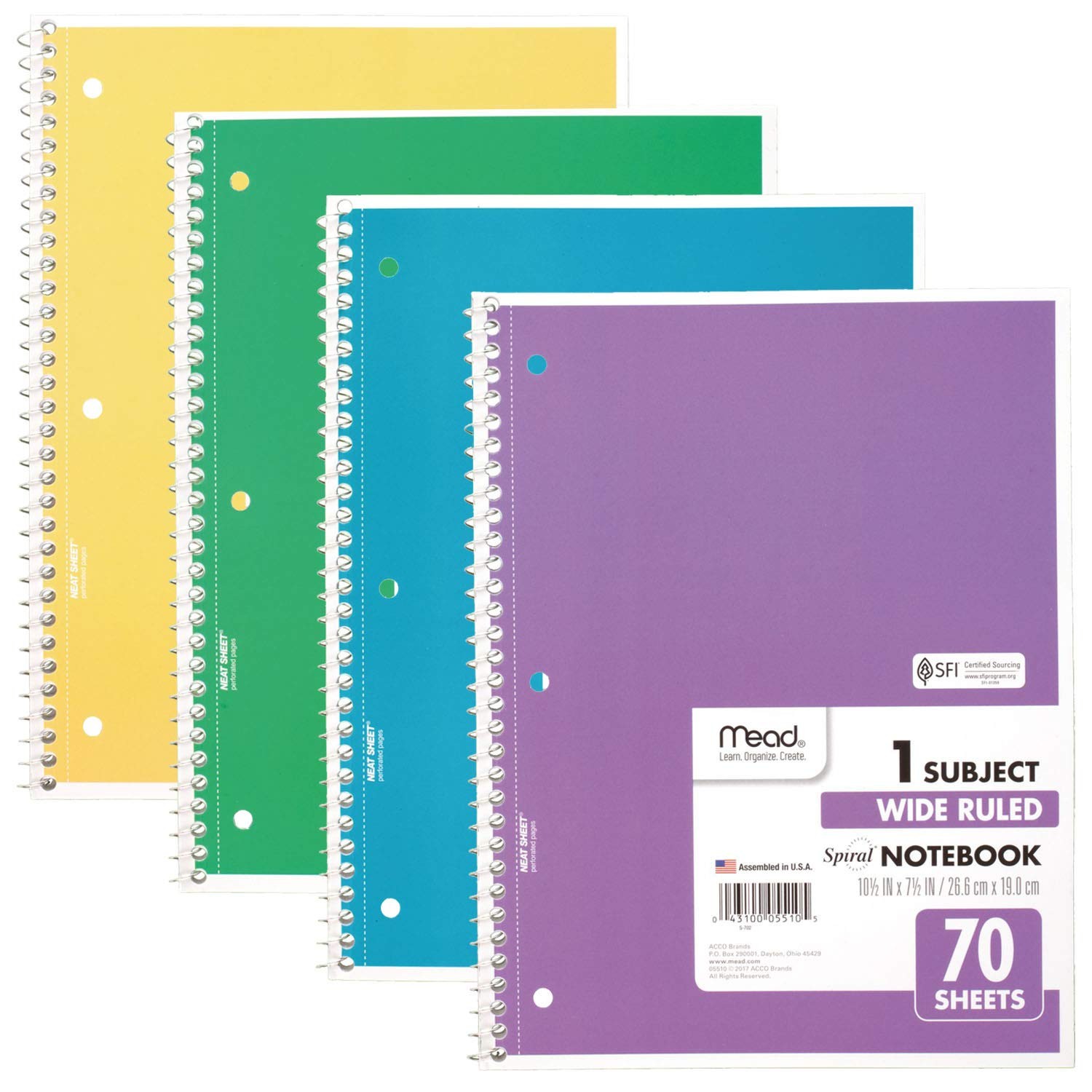 Spiral Notebook, 4 Pack, 1-Subject, Wide Ruled Paper, 7-1/2 x 10-1/2, 70 Sheets