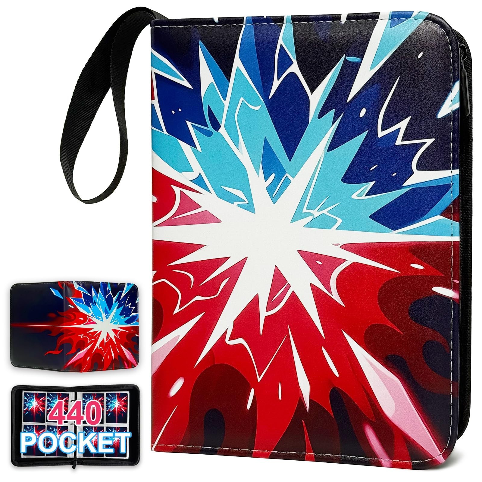 4-Pocket Trading Card Binder, 440 Pockets PU Leather Zippered Album with 55 R…