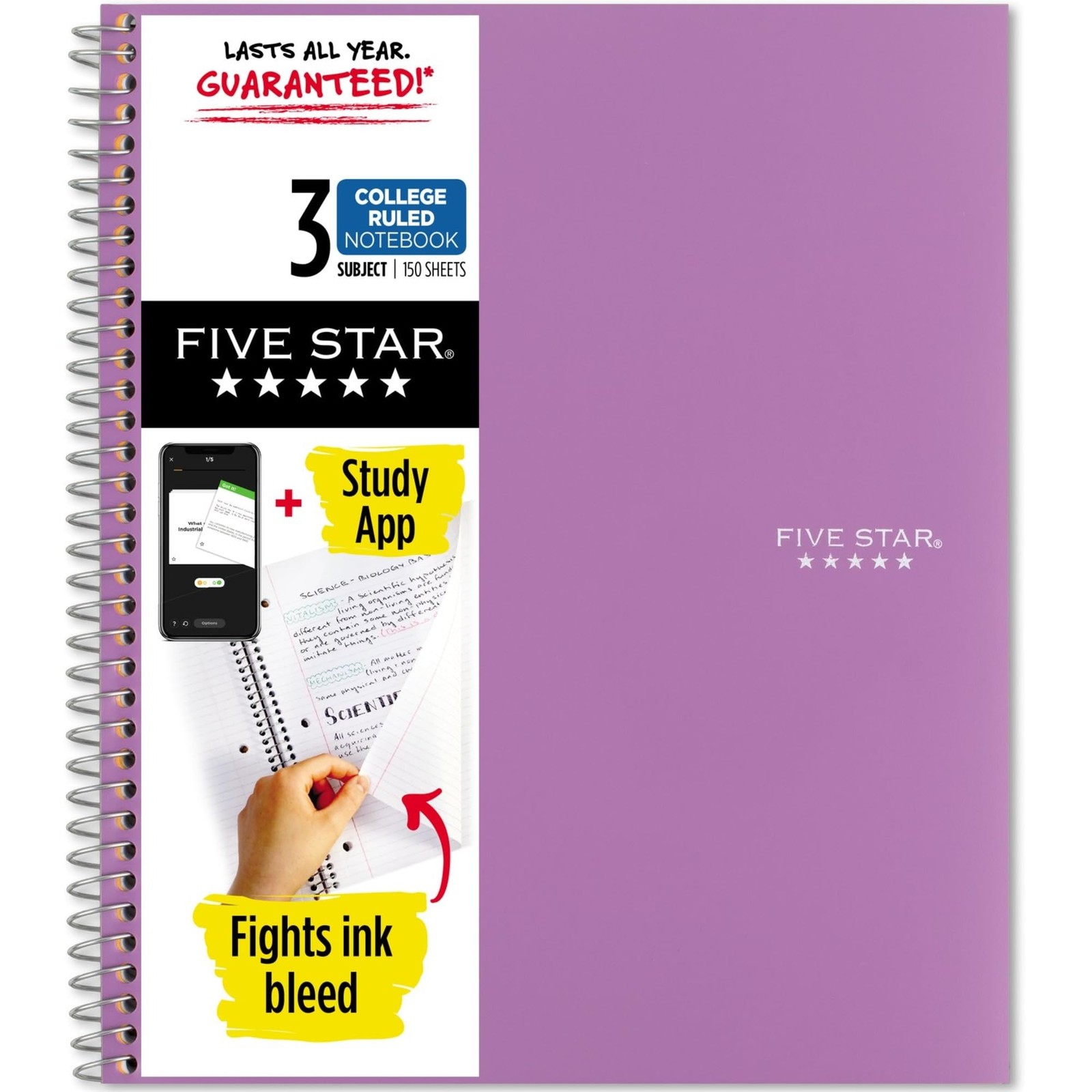 Five Star Spiral Notebook + Study App, 3 1 Count (Pack of 1), Amethyst Purple