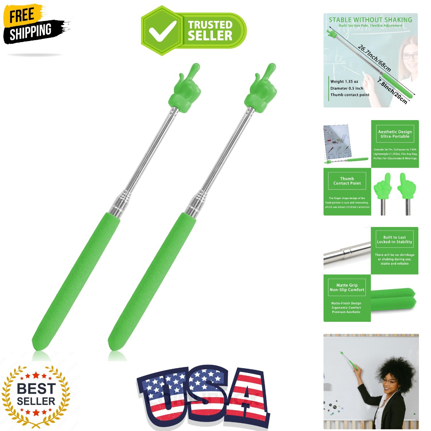 2PCS Pointer Stick for Classroom – Multipurpose Teacher Pointer Stick, Extend…