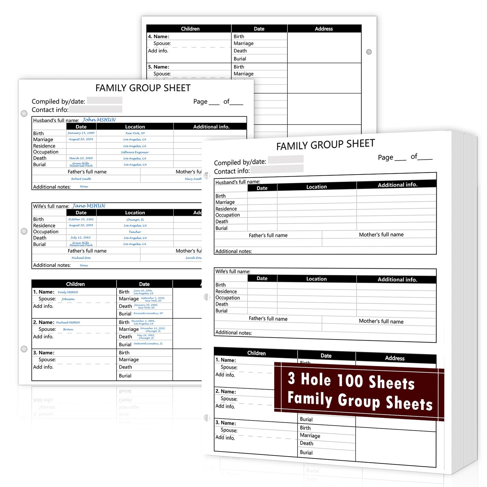 Genealogy Family Group Sheets 100-Pack 12-Generation Two-Sided 8.5×11 Forms