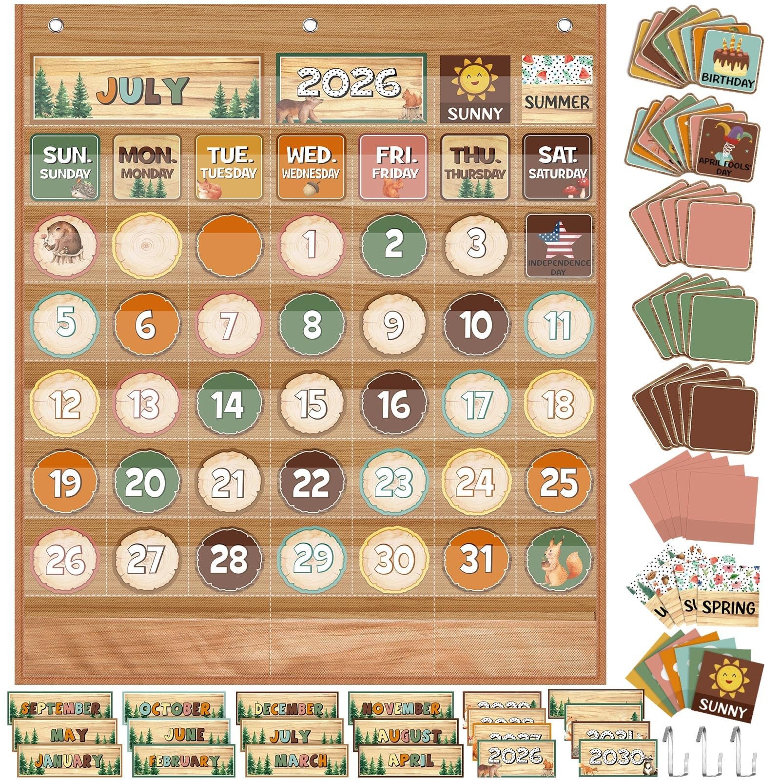 Woodland Color Classroom Calendar Pocket Chart Weather Bulletin Board Decor