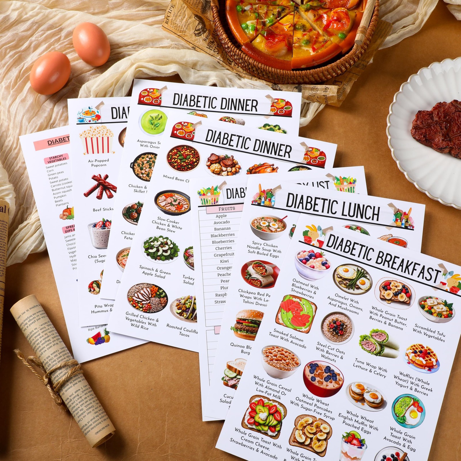 12pcs Diabetes Food List Meal Chart Diet Plan Low Carb Nutrition Guide NEW