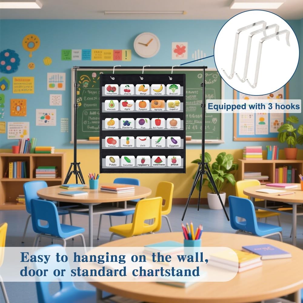 Standard Pocket Chart 5 Clear Pockets Black Storage Wall Organizer 22×17 Inch