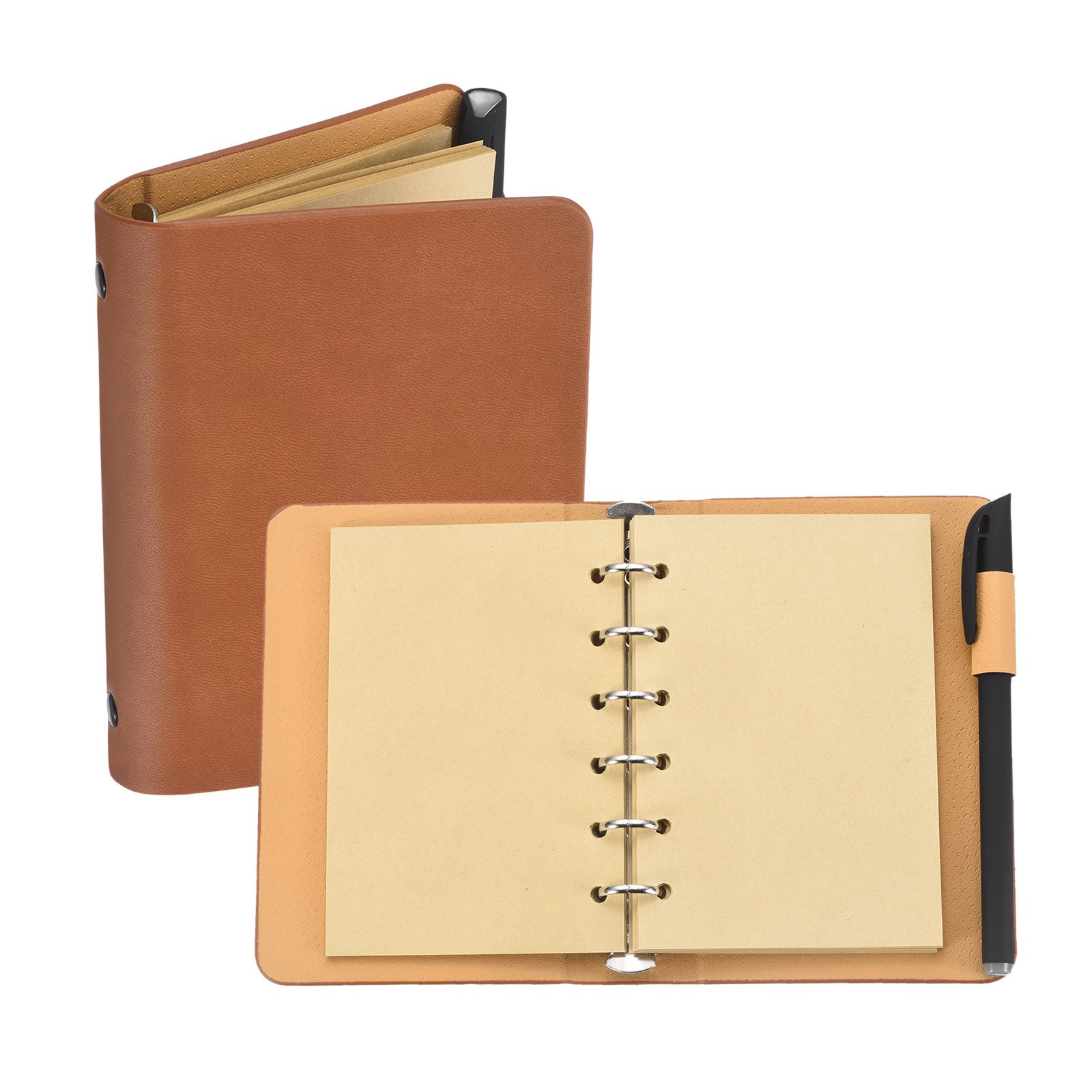 6 Ring Binder Cover A7 Leather Notebook with Kraft Paper and Pen, Coffee