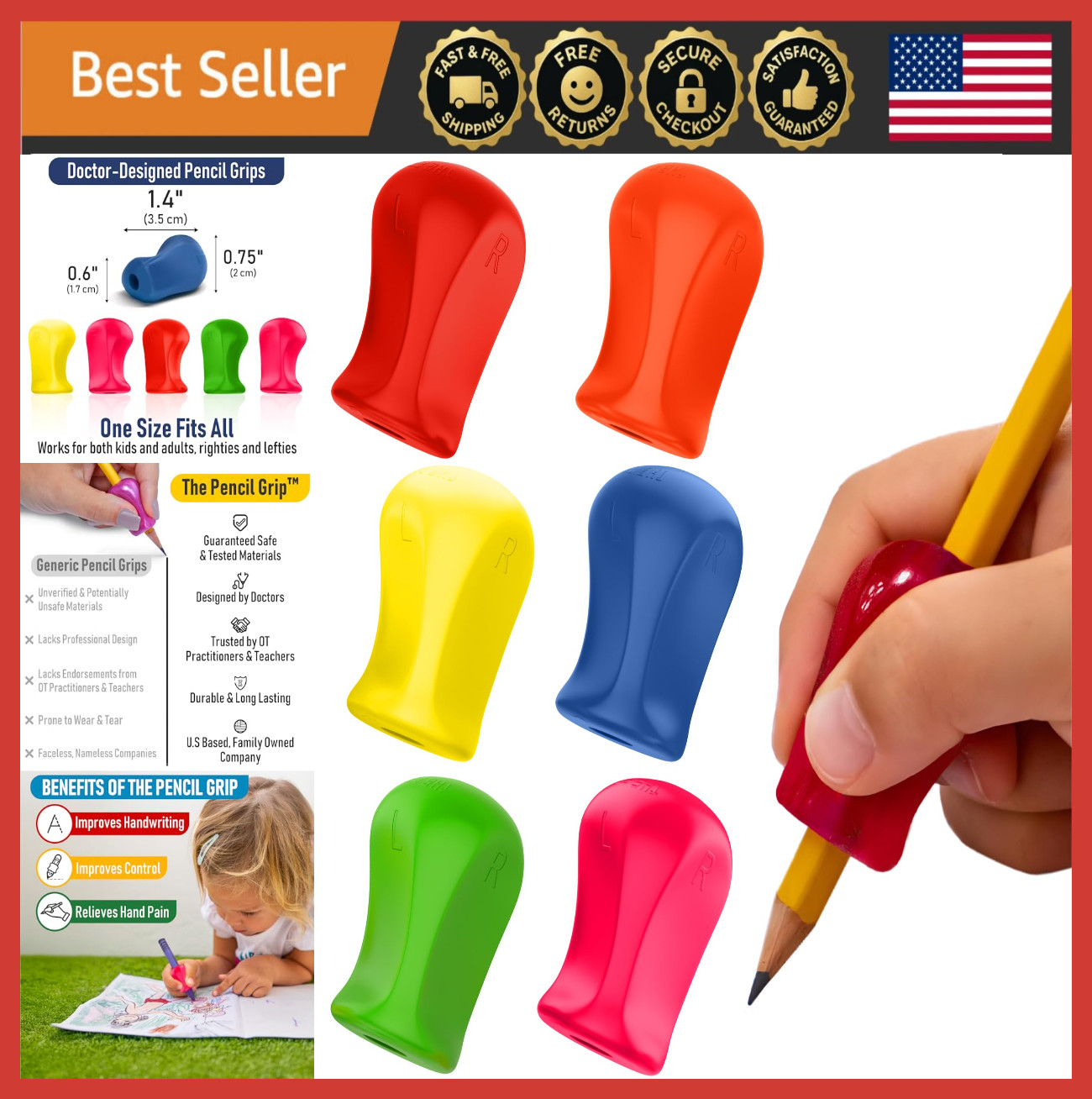 Neon Pencil Grips 6-Pack, Ergonomic Handwriting Aid for Kids & Adults