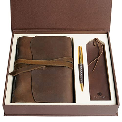 Leather Bound Journal for Men and Women, 8″ x 6″ Gift Set Antique Brown