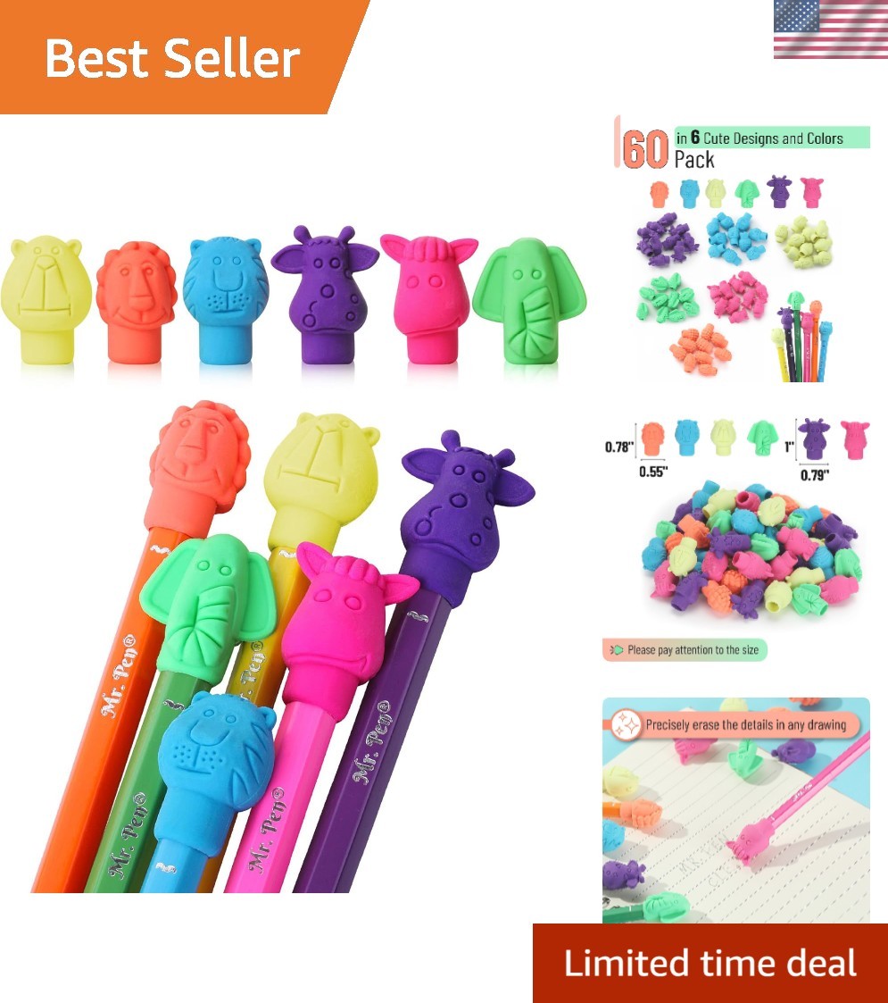 60 Non-Toxic Animal Erasers for Pencils – Perfect for School and Parties