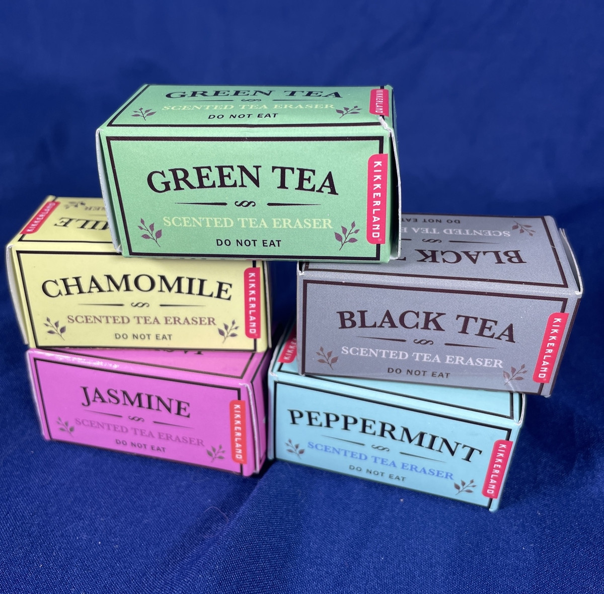 Kikkerland Scented Tea Erasers Set – 5pc Green Tea, Black Tea, Chamomile, Pepper