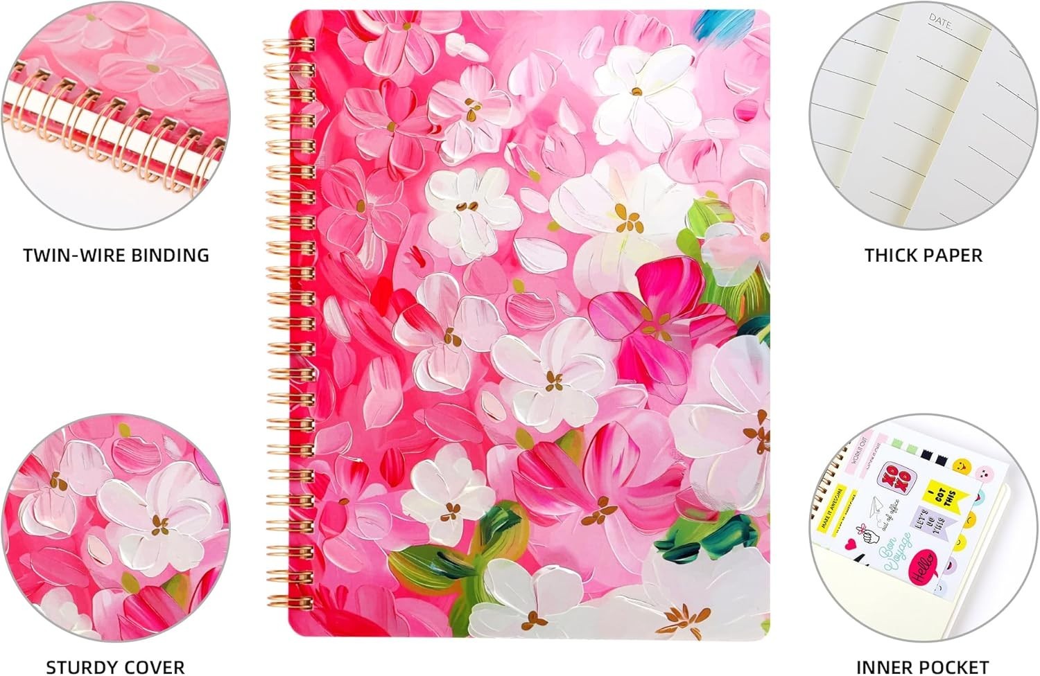 Spiral Notebook for Women 8.25 x 6.25in Hardcover 160 Lined Pages Large Pockets