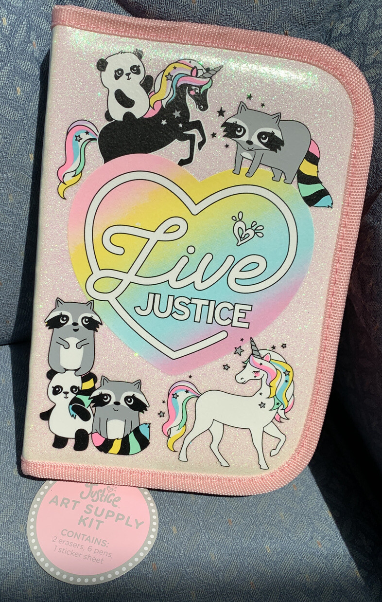 JUSTICE BACK TO SCHOOL ART SUPPLY KIT UNICORN/RACCOON/PANDA SHIMMERING BINDER!!