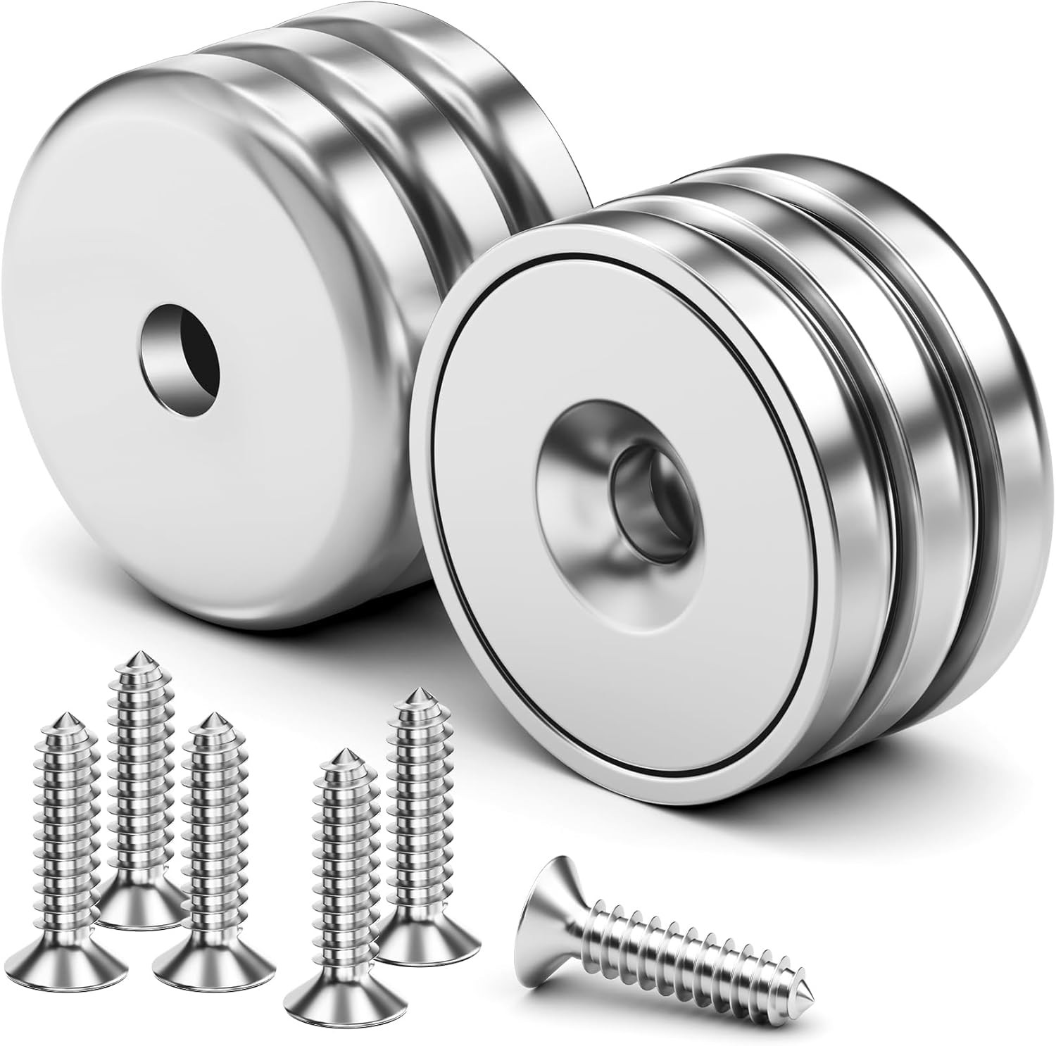 6 Pack 70LBS Neodymium Round Base Cup Magnets, Strong 6 70LBS, Silver
