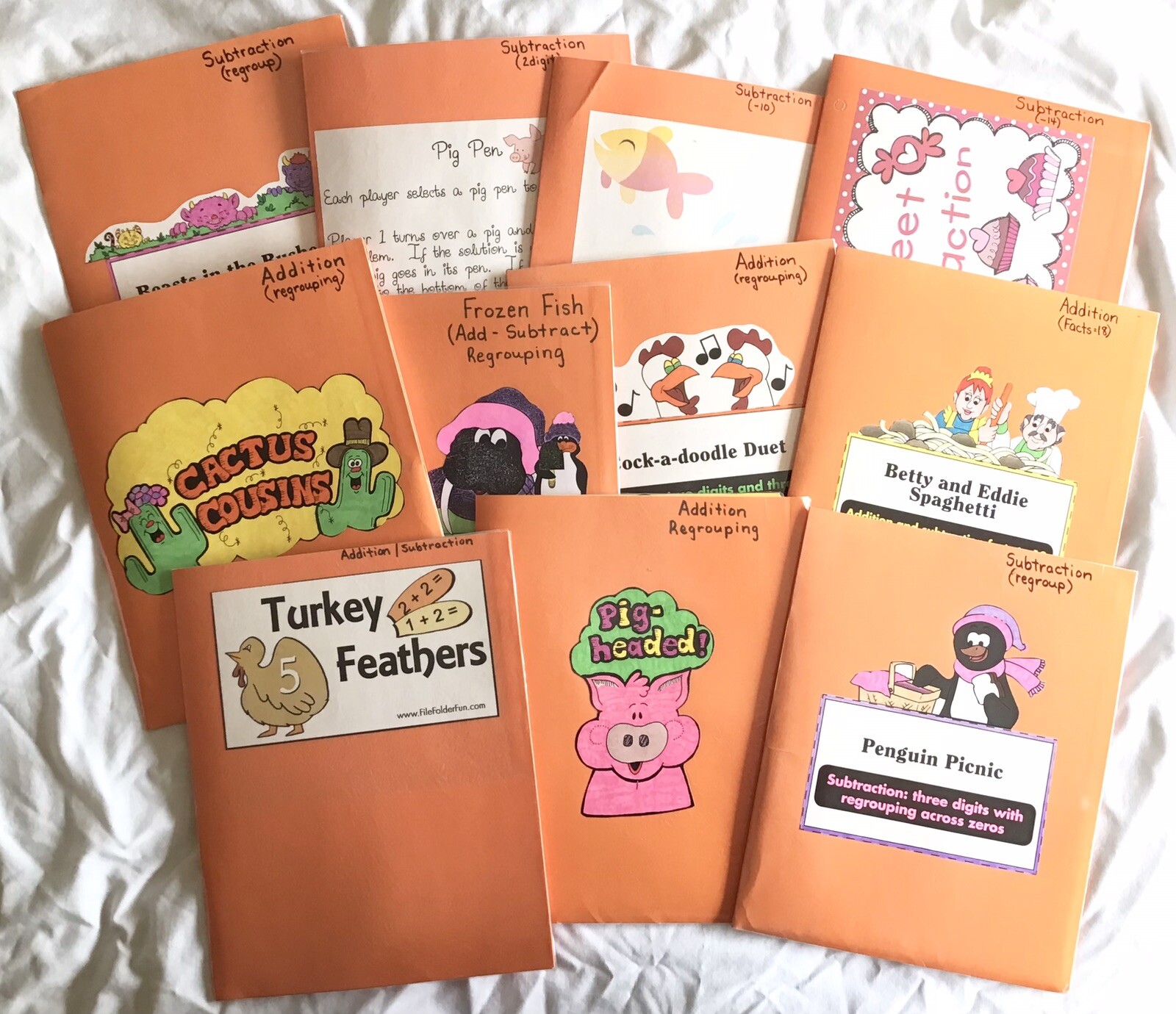 Set Of 11 Handmade Laminated Addition & Subtraction Folder Games