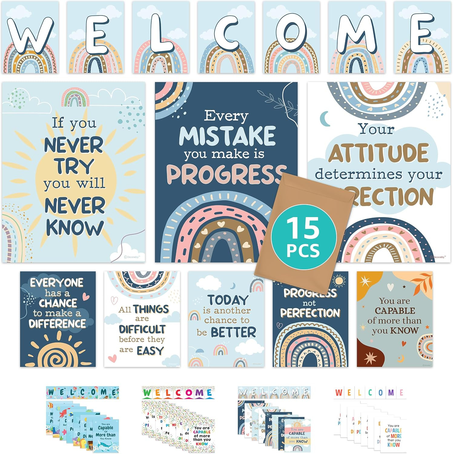 15 Boho Rainbow Classroom Decor Posters, Inspirational, Matte-Laminated Decor –