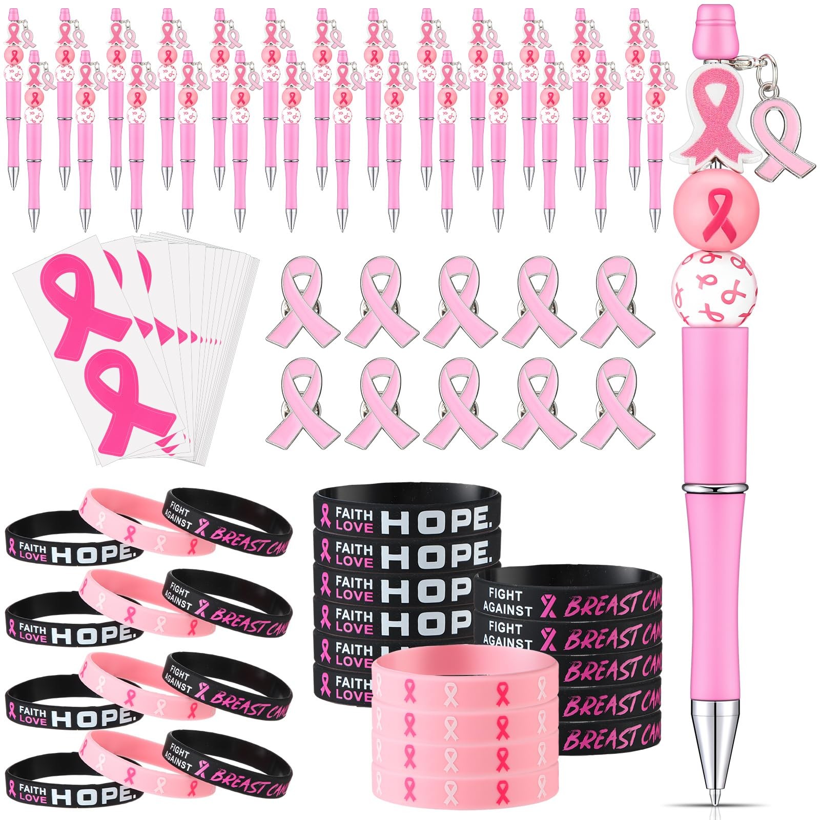 200 Pcs Breast Cancer Awareness Bulk Pink Beaded Pen Bracelets Ribbon Items B…