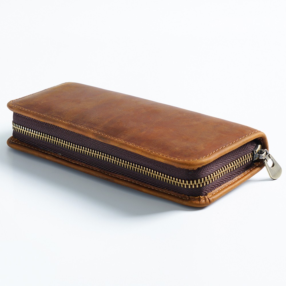 Handmade Genuine Leather Pen Pouch Zipper Pencil Case Stationery Storage Pen Bag