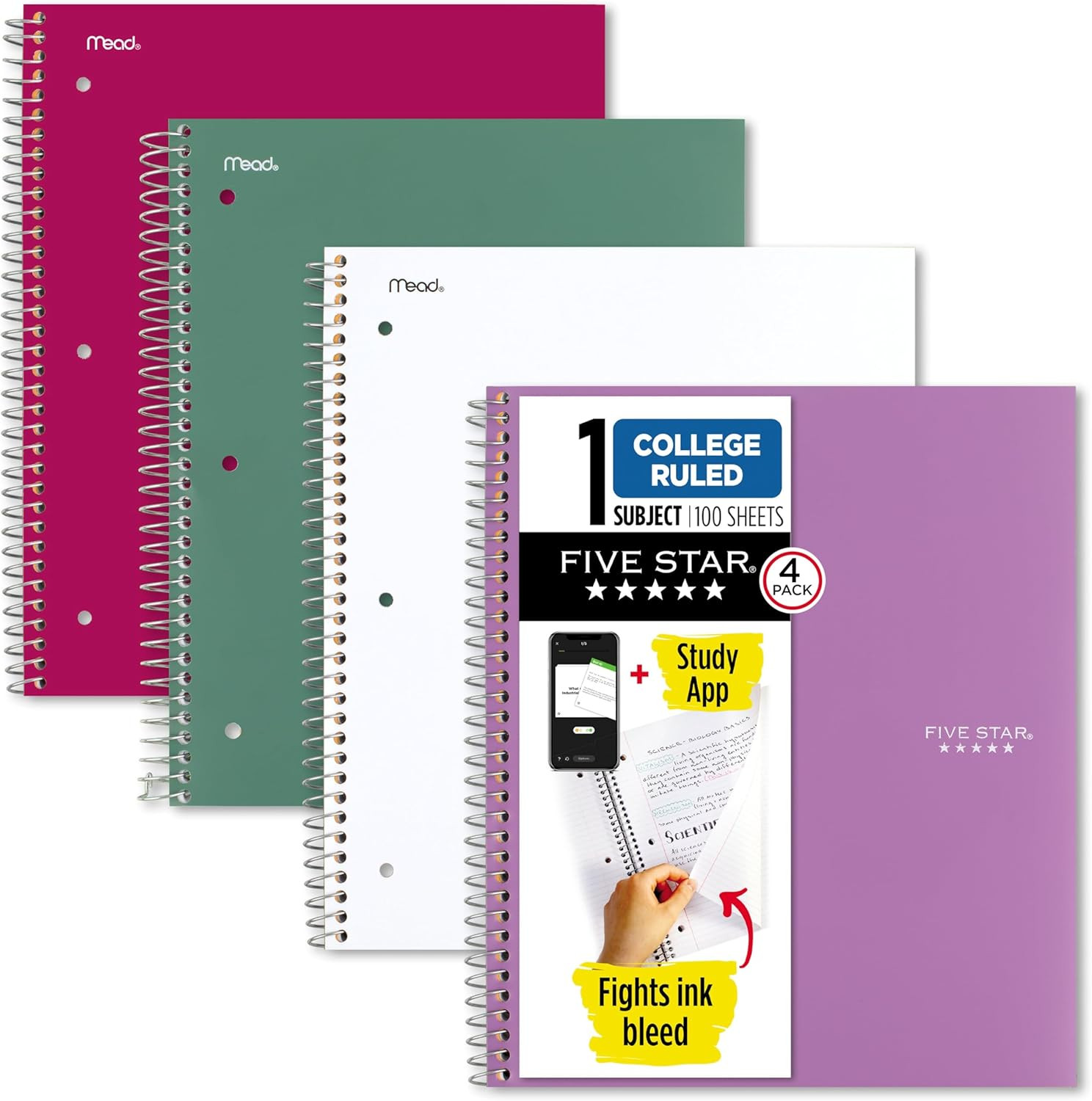 Spiral Notebook + Study App, 4 Pack, 1 Subject, College Ruled Paper, 8-1/2″ X 11