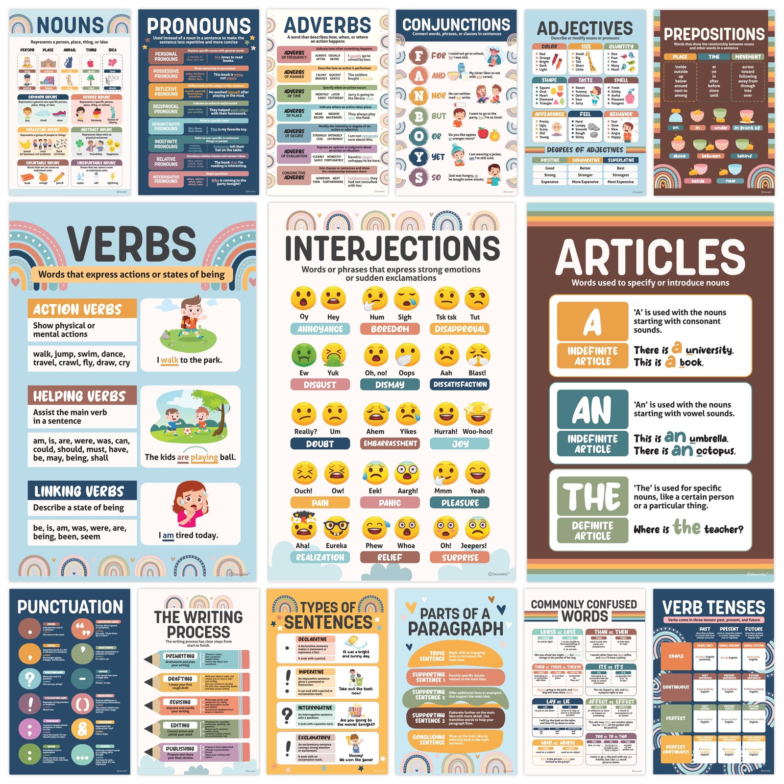 15 Boho Rainbow Parts of Speech ELA Classroom Posters, 11x17in Educational, M…