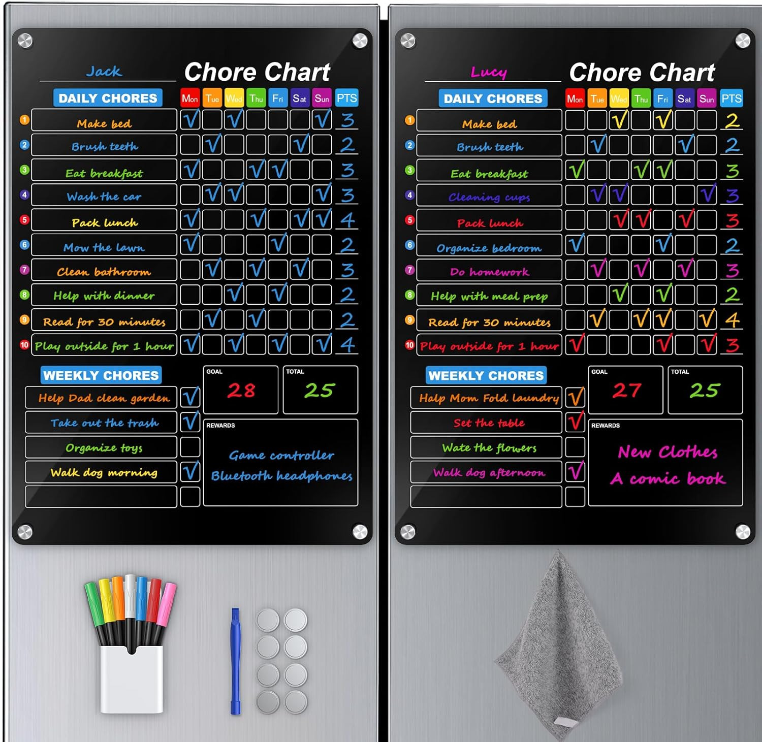 2 Pack Acrylic Magnetic Chore Chart Fridge Dry Erase Board 12×16 7 Markers