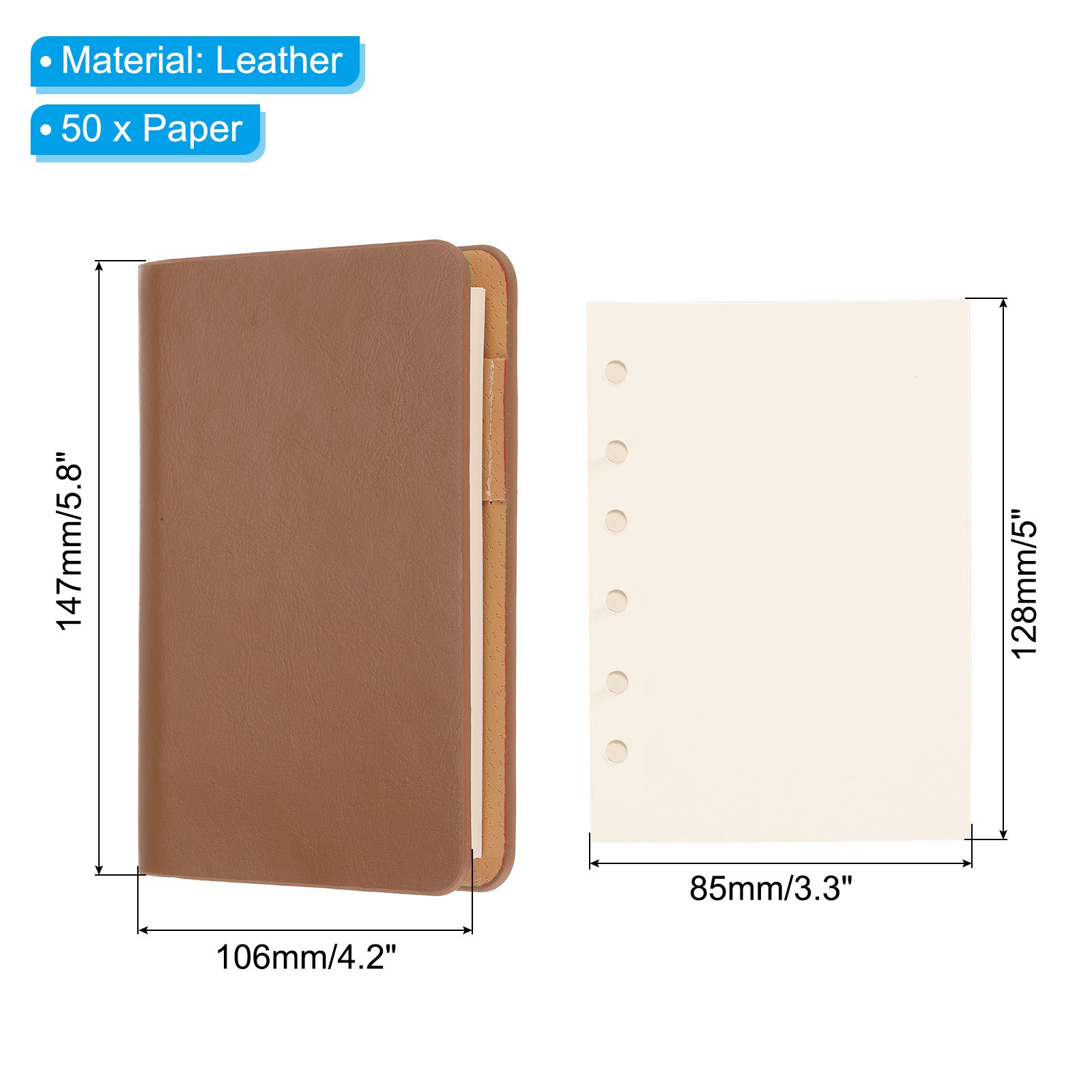 6 Ring Binder Cover A7 Leather Notebook Binder with 50 Sheets Paper, Brown