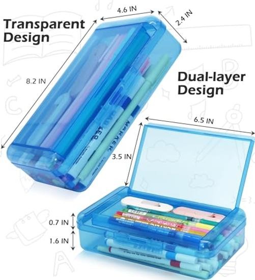 1 Pack Double Layer Hard Pencil Cases, Plastic Translucent Pencil Box Clear