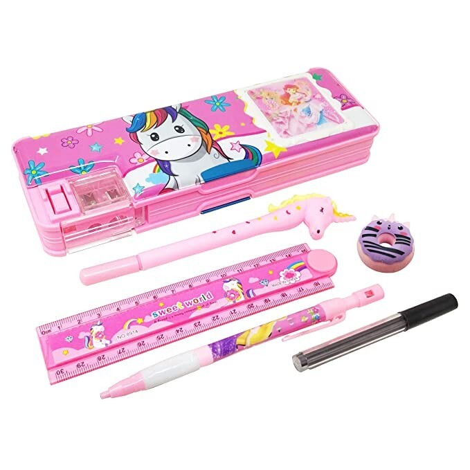 Stationery Combo of 1 Plastic Pink Pencil Box with Calculator Unicorn Pen Scale