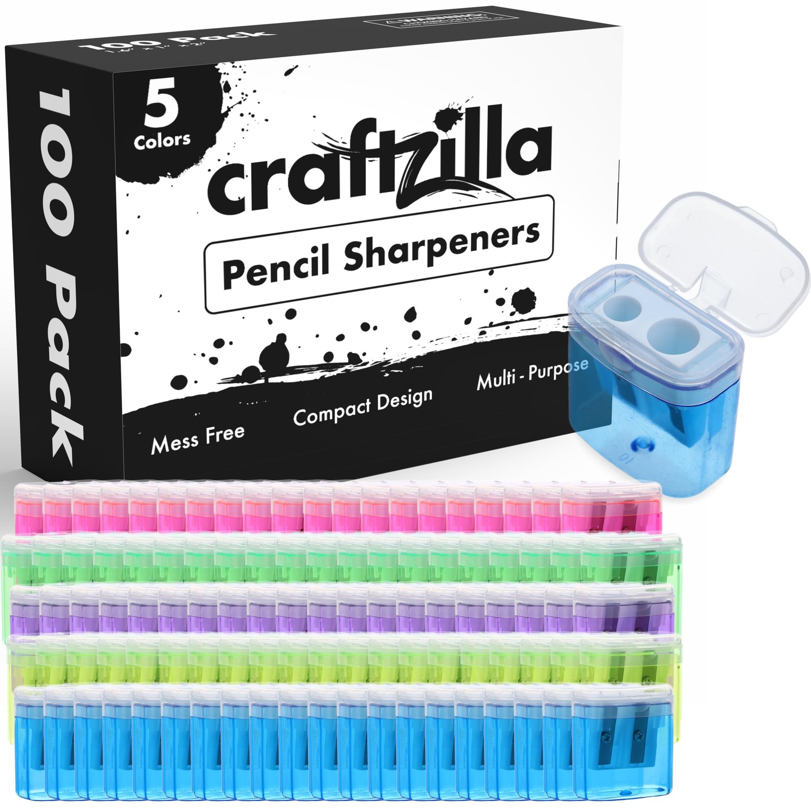 Pencil Sharpener 100 Pack, Manual Pencil Sharpeners Bulk for Kids with Lid, P…