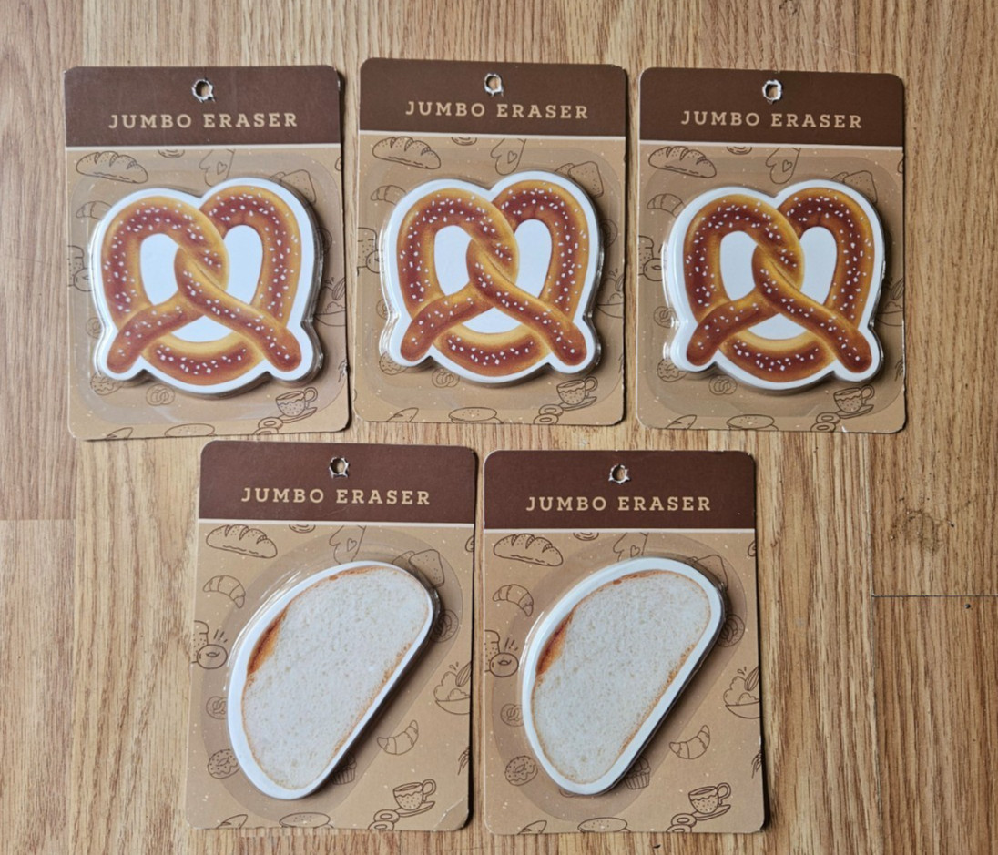 5pc Jumbo Food Eraser Lot Pretzel Bread Novelty Kawaii Teacher Prize New