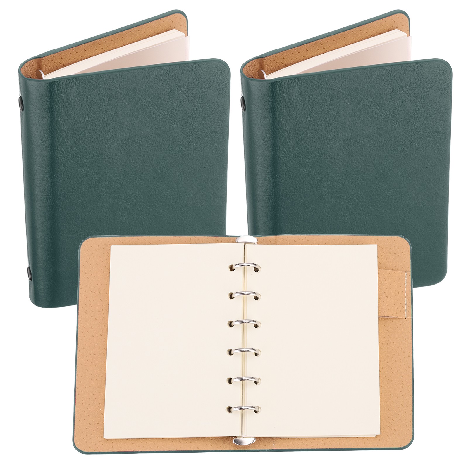 6 Ring Binder Cover 2pcs A7 Leather Notebook Binder with 100 Sheets Paper Green