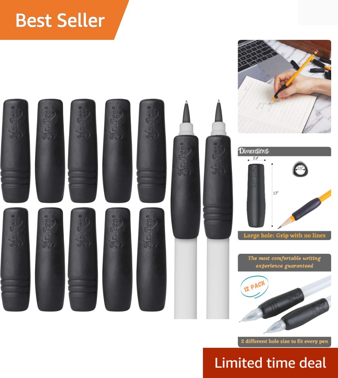 Pencil and Pen Grips, 12 Pack, Black, Pencil Grips for Adults, Rubber Pencil …