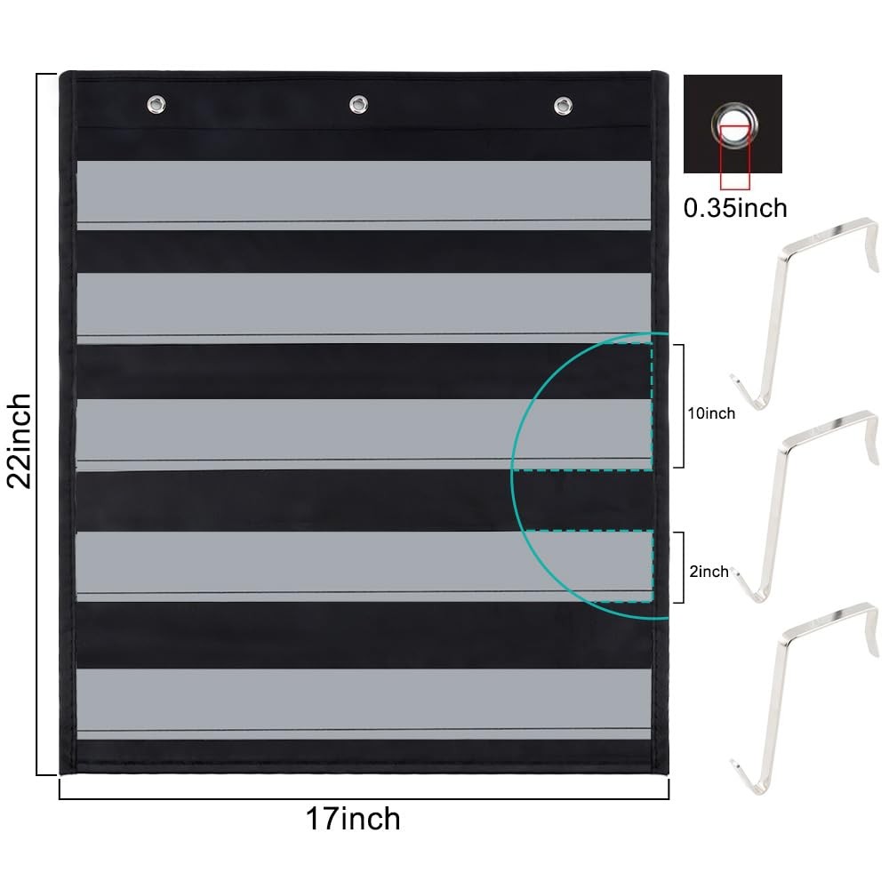 Standard Pocket Chart 5 Clear Pockets Black Storage Wall Organizer 22×17 Inch