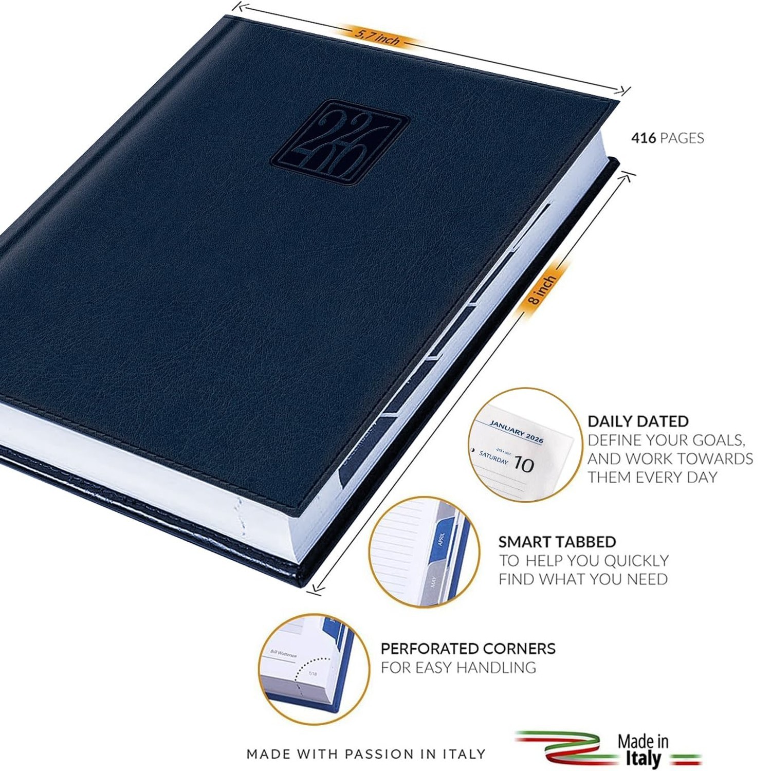 Daily Planner 2026 (5 x 7 in) – Made in Italy, Page a Day Hourly Agenda, 416 …